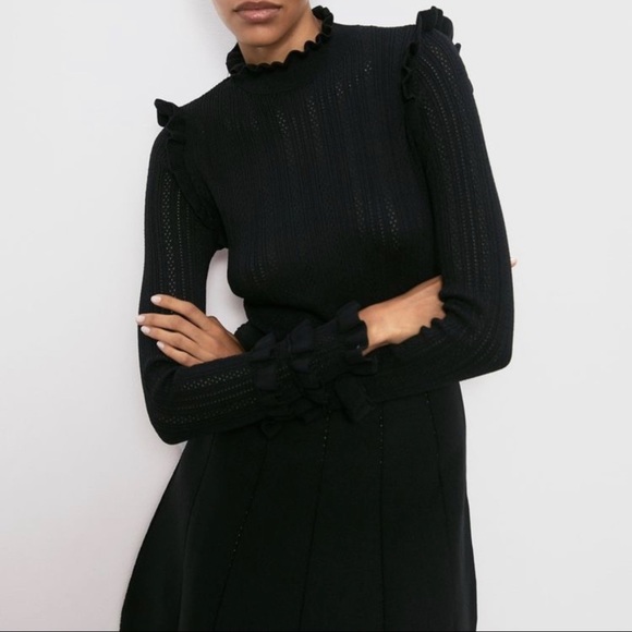 Zara Fit Flare Knit Dress Ruffle Neck 